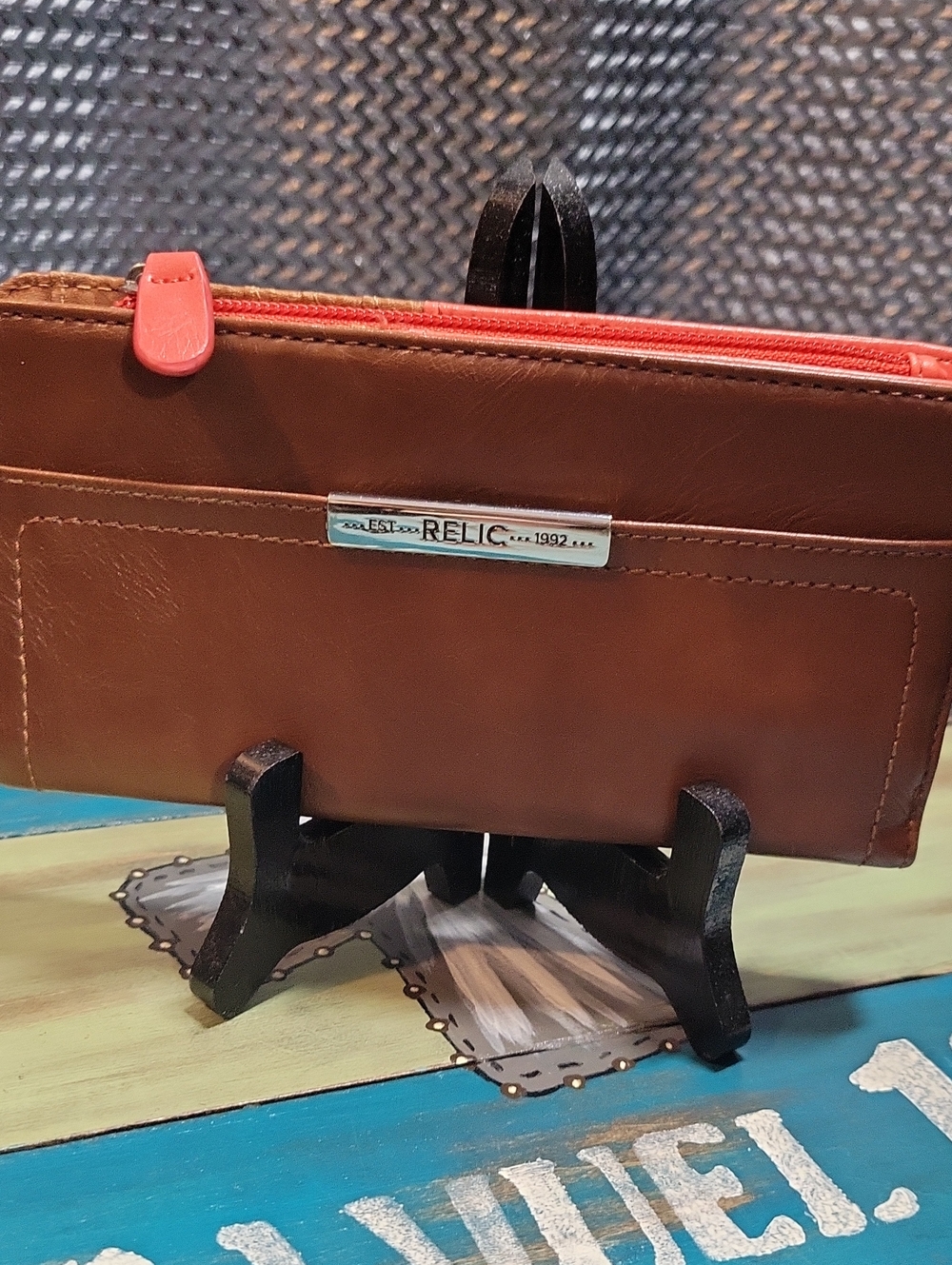 Relic Brown Leather Zip Wallet with Orange Accent
